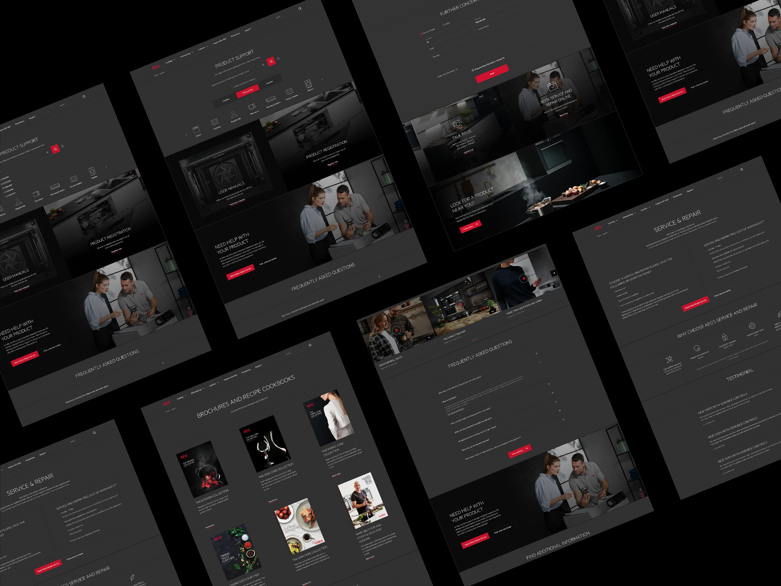 AEG product support pages in a dark, red-accented design, shown as an overview of the redesigned screens