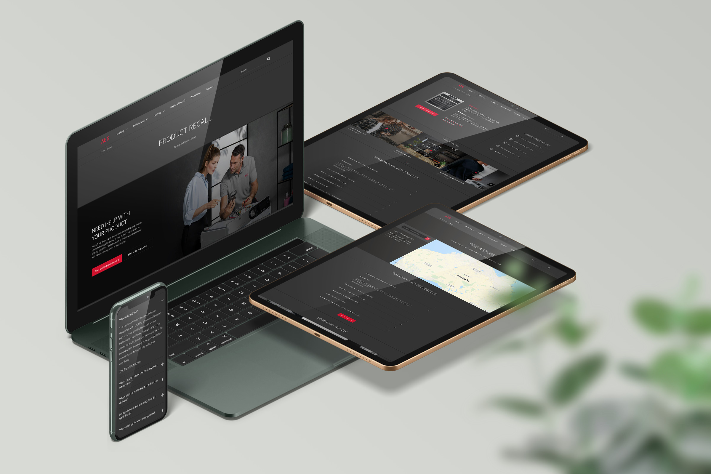 The AEG Product recall page on a laptop, two tablets and a phone
