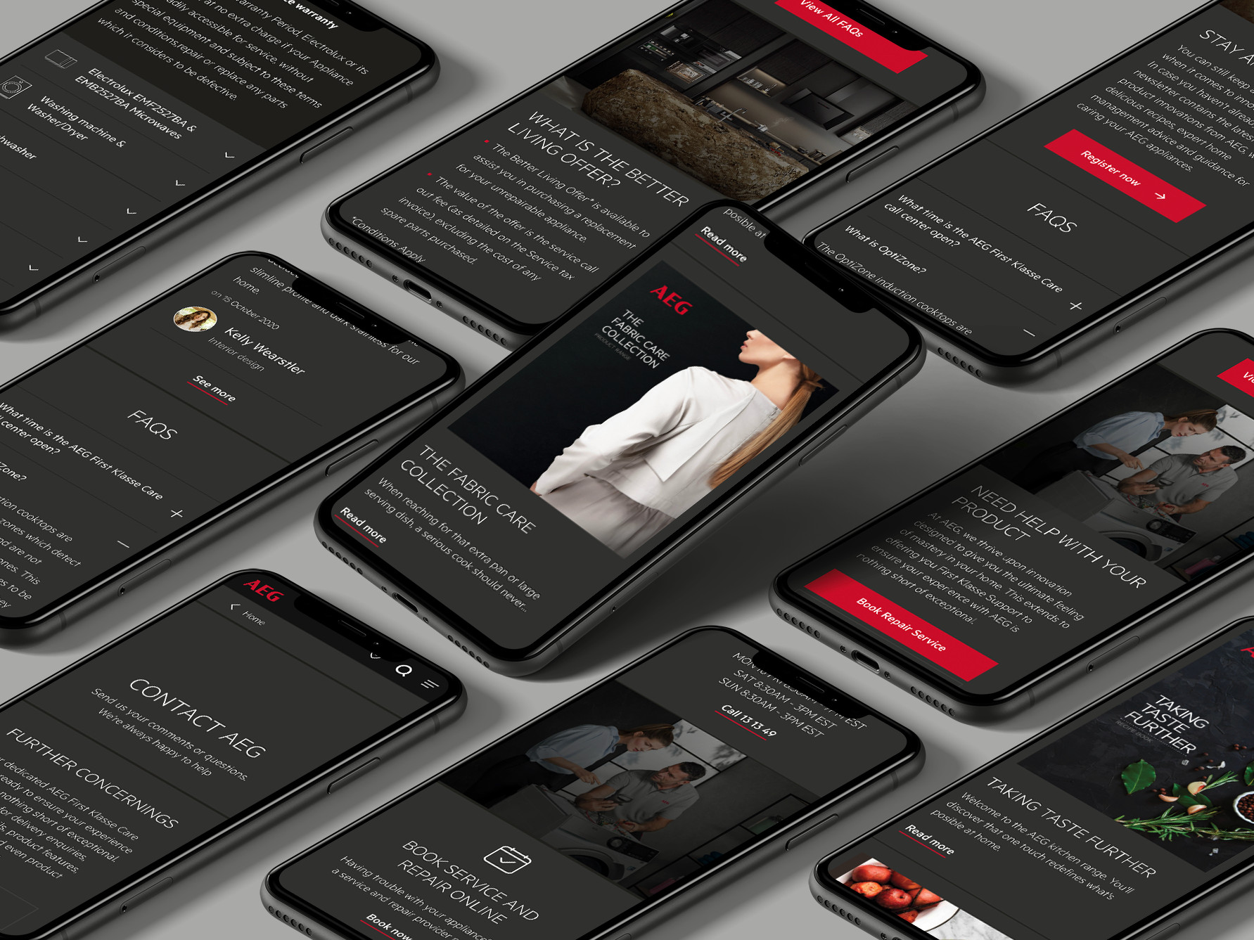 Nine AEG support screens on phones, including FAQs, Contact AEG, Book service and repair online, and The Fabric Care Collection