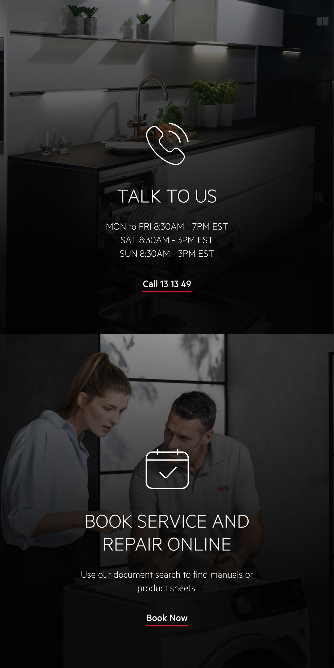 Two AEG support entry points on mobile: Talk to us, with opening hours and a call link, and Book service and repair online