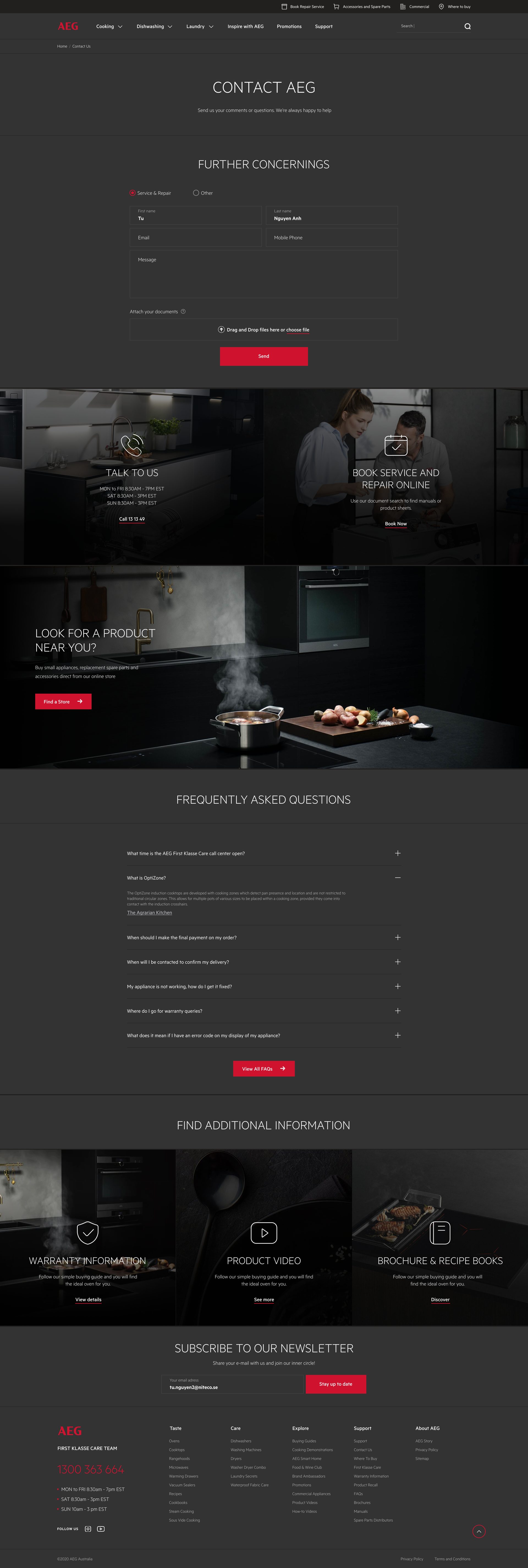 Contact AEG page with a form, a drag-and-drop file upload, and talk to us and book service tiles