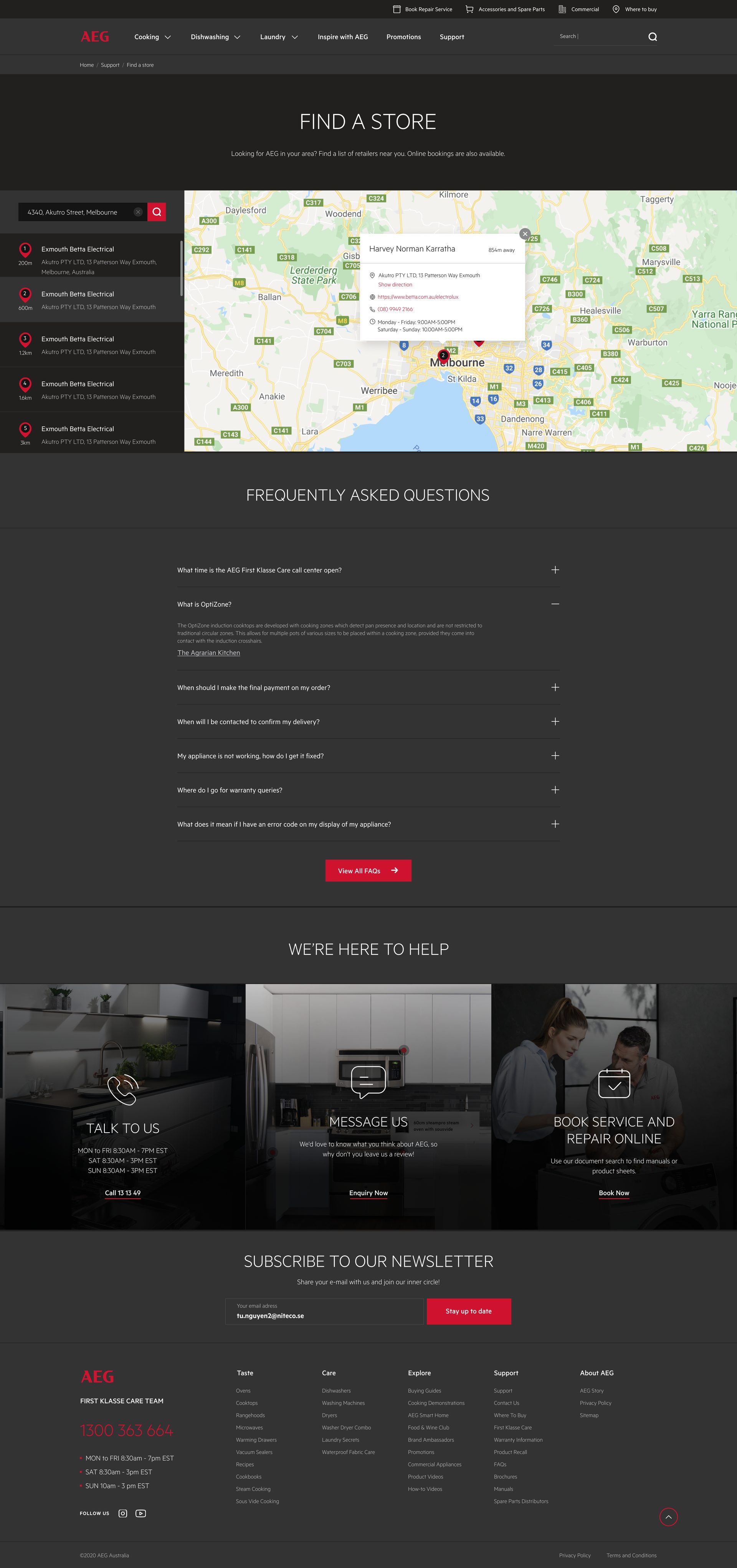 Find a Store page with a retailer detail pop-up open on the map