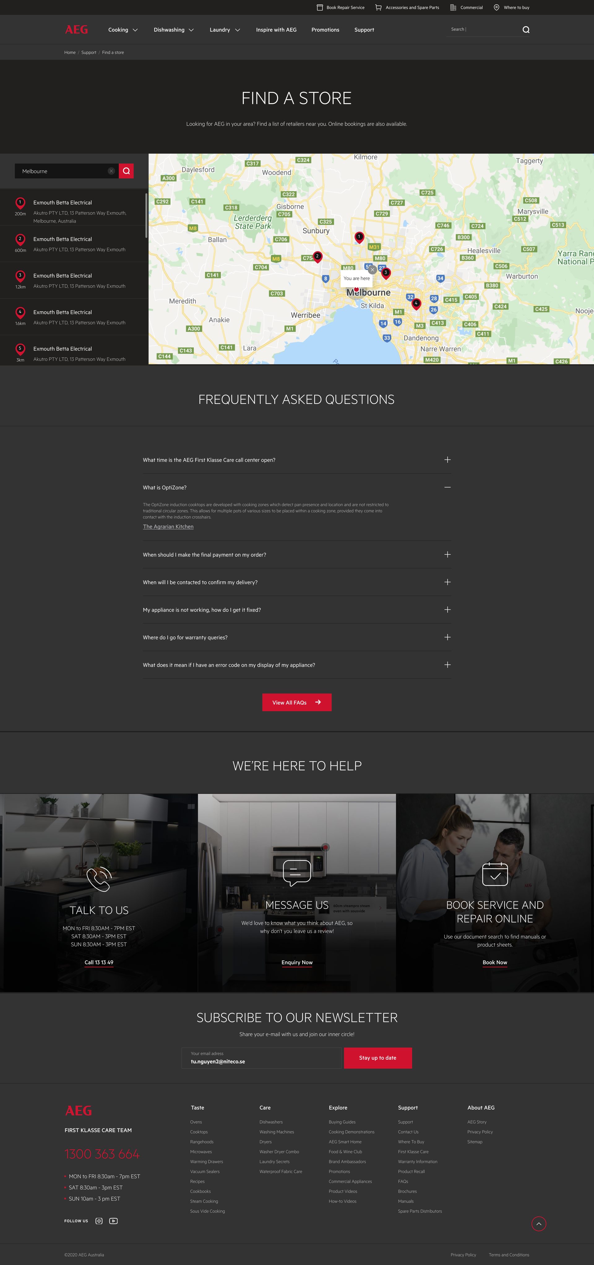 Find a Store page with a list of retailers beside a map with pins after a location search