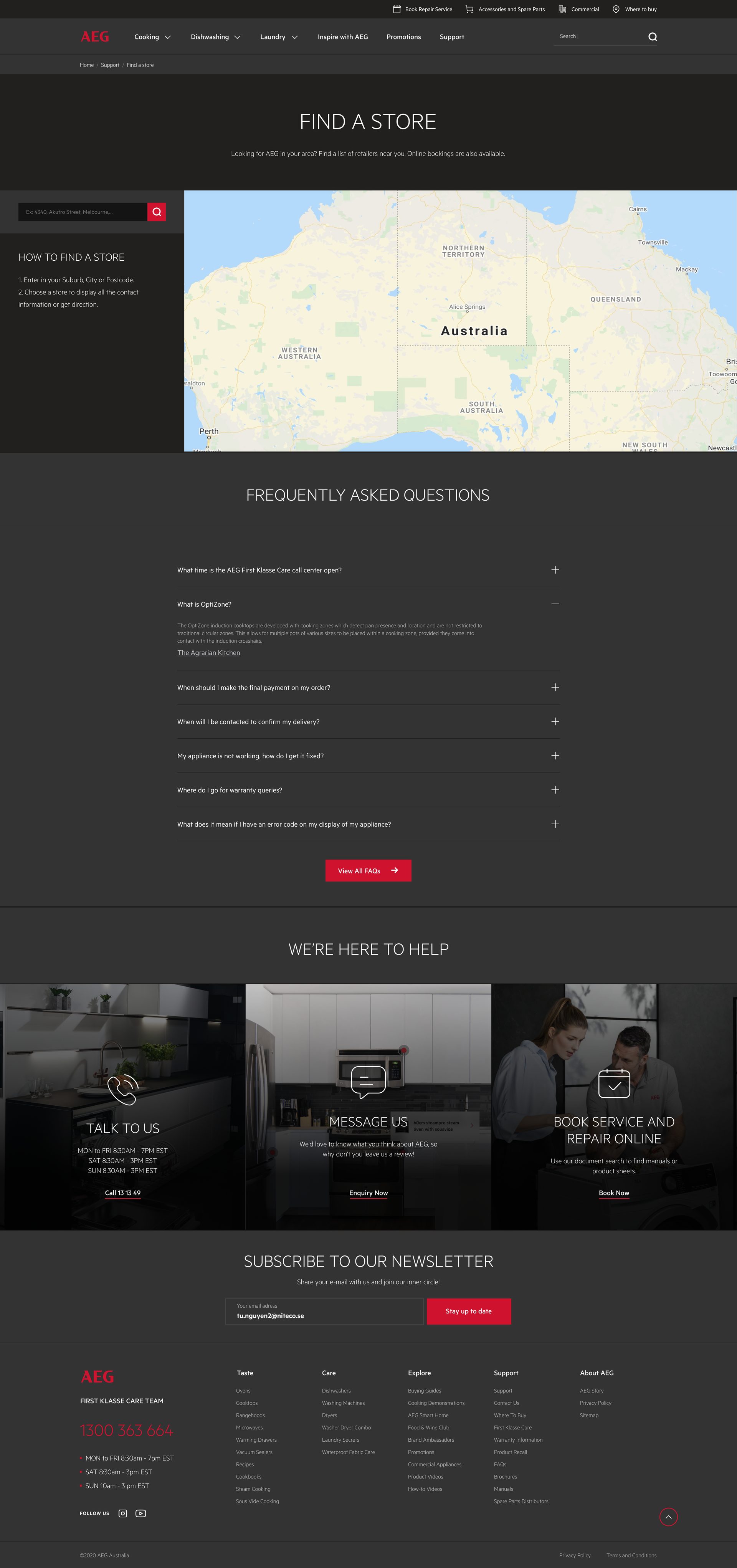 Find a Store page with a search field and a map of Australia