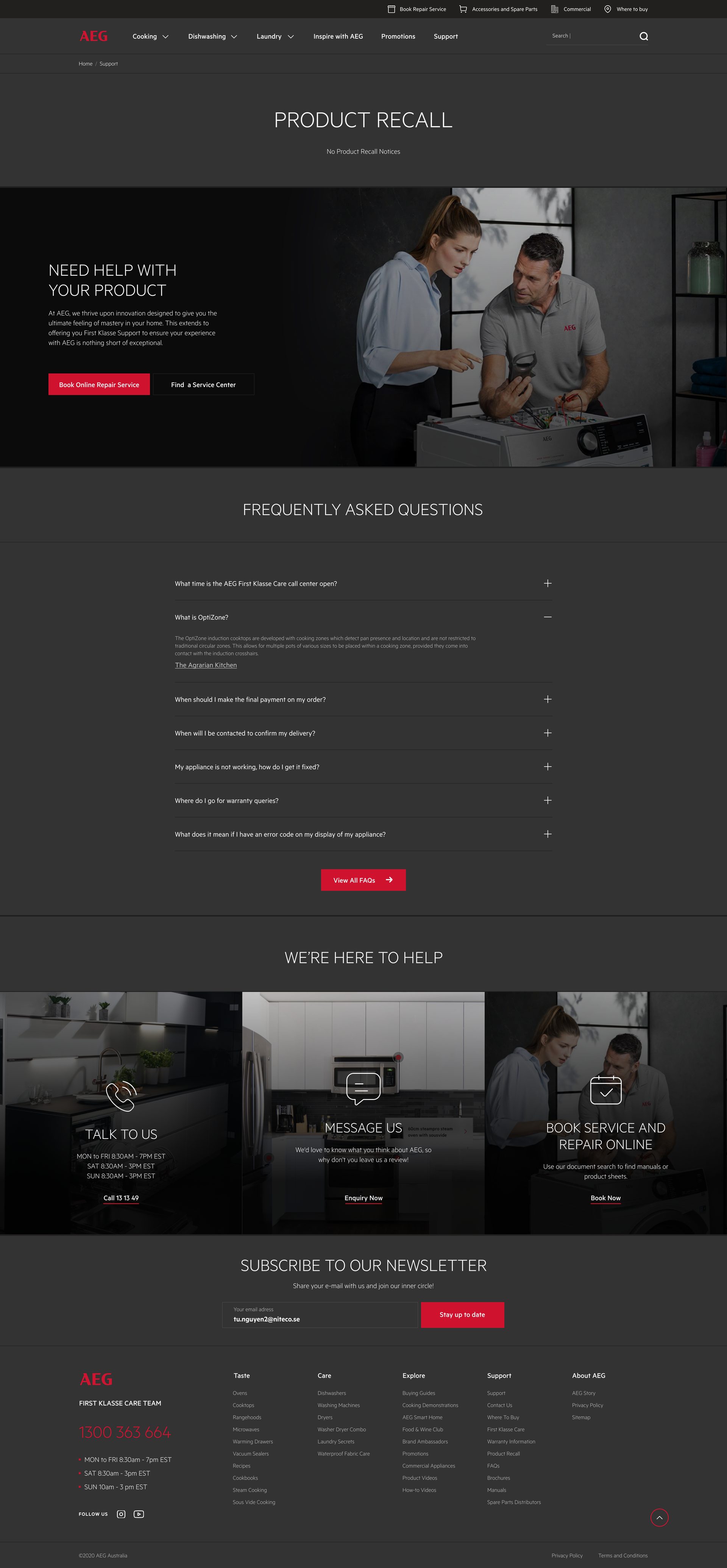 Product Recall page in its empty state with a Need help with your product panel
