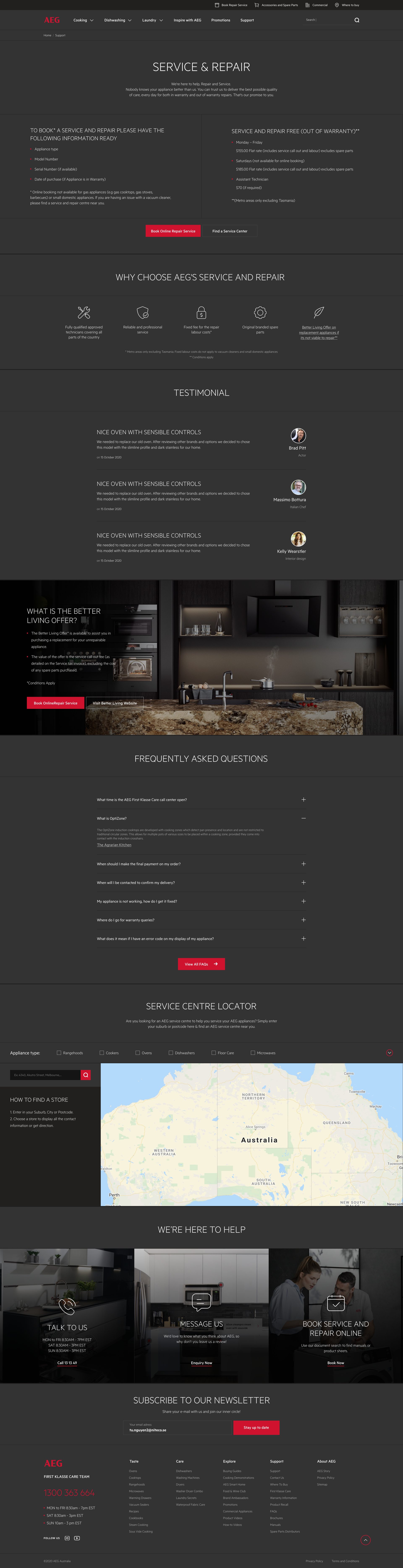 Service and Repair page with a booking checklist, reasons to choose AEG service, customer testimonials and a service centre map