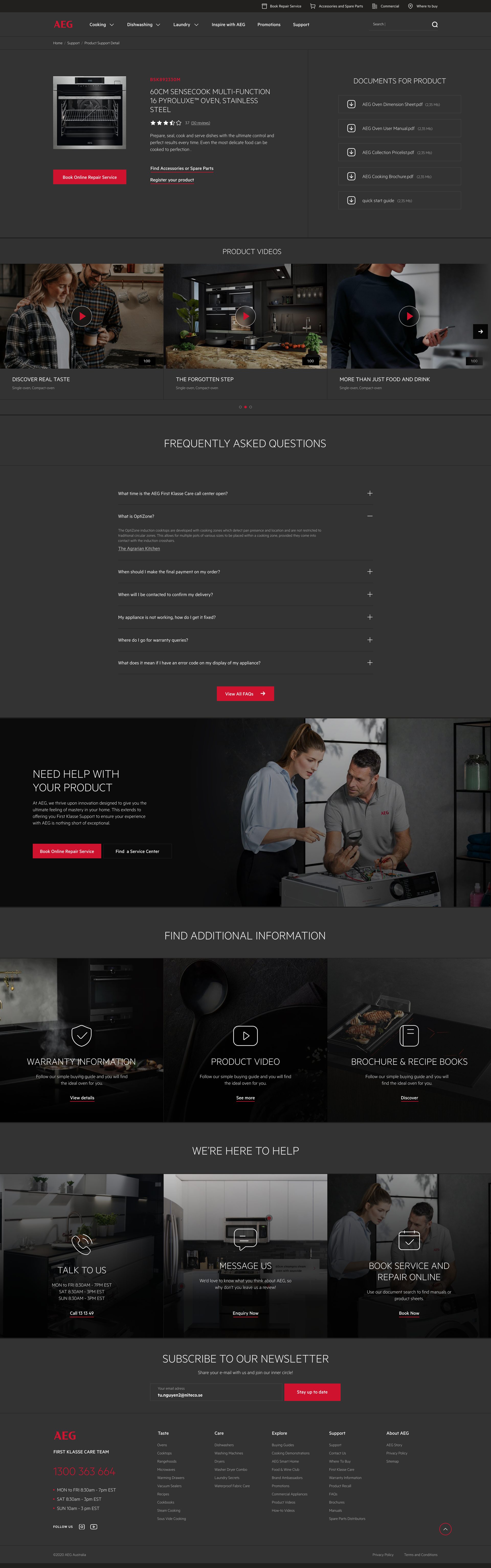 Product support page for a single oven with its documents list, product videos and links to book a repair