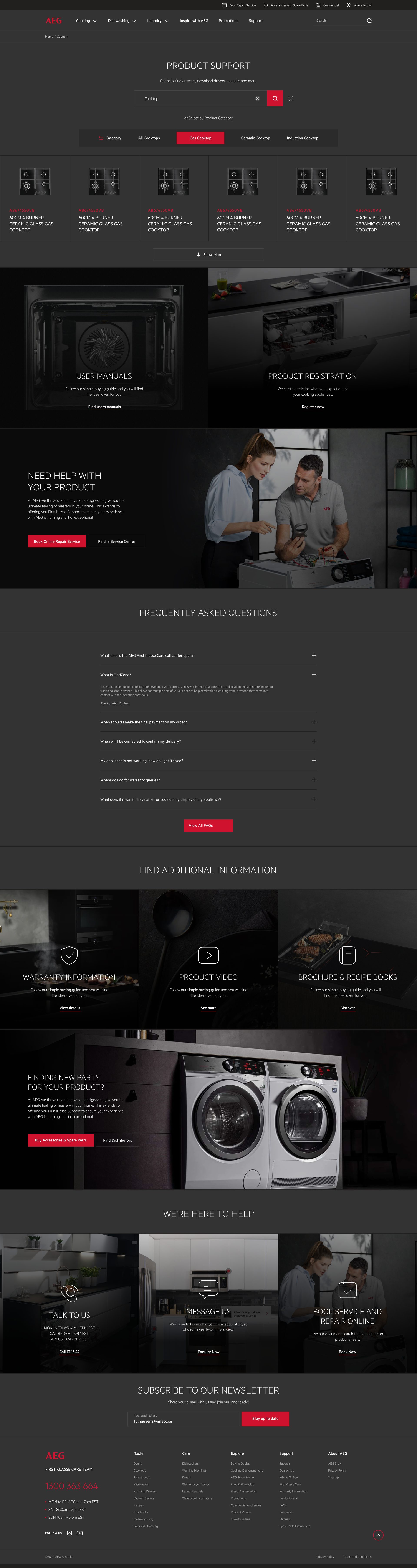 Product Support landing page with a category selected and a row of matching cooktop products below