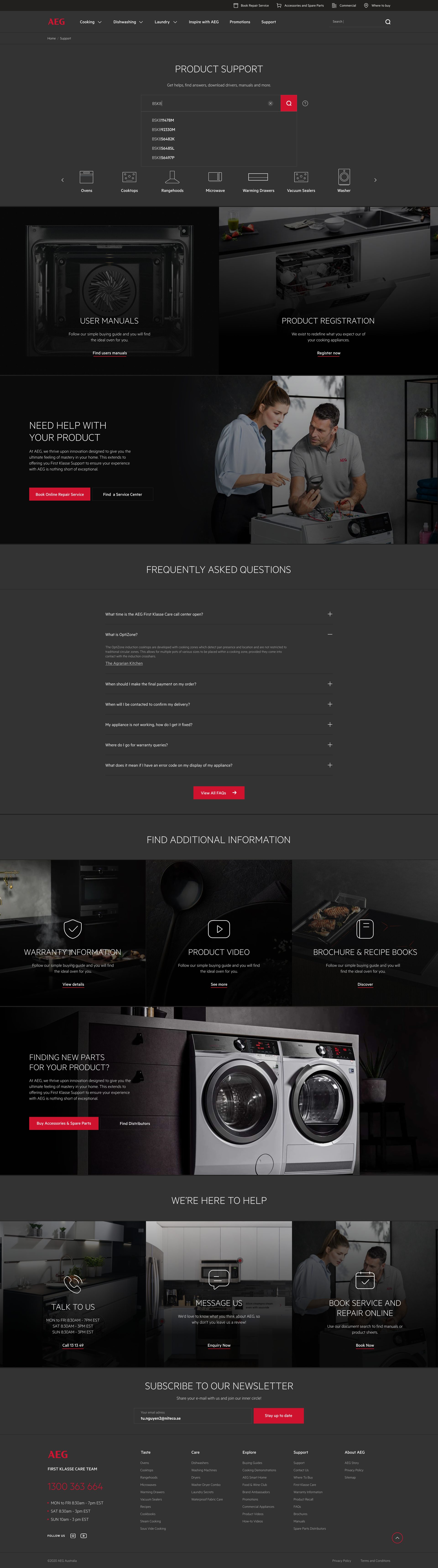 Product Support landing page with the search suggestion list open under the search field