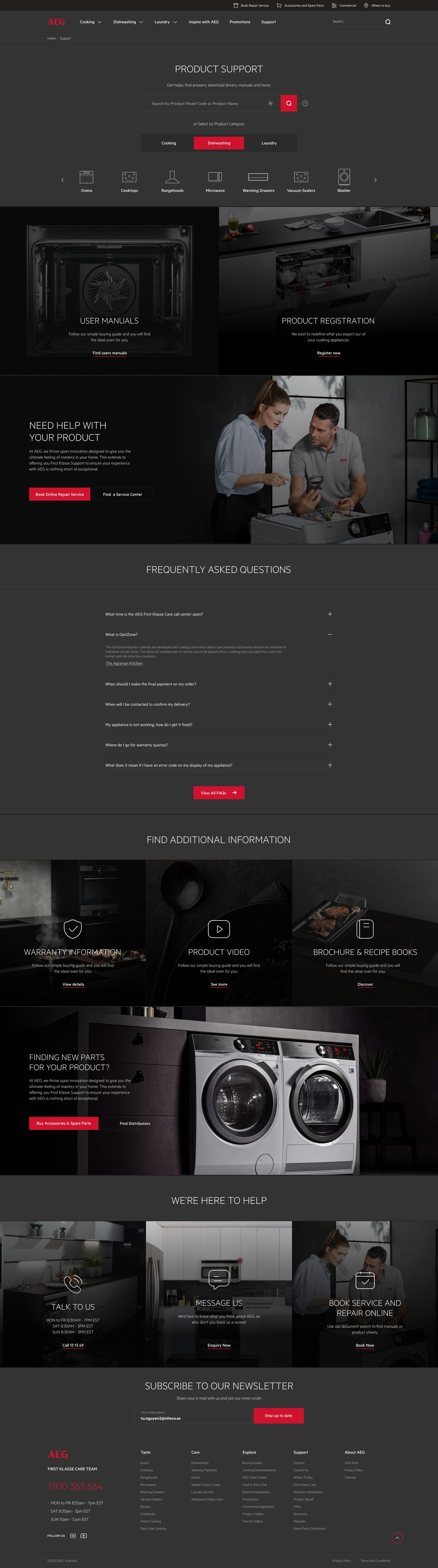 AEG Product Support landing page on desktop, full page: search field, category tabs, user manuals and registration, FAQs and contact options