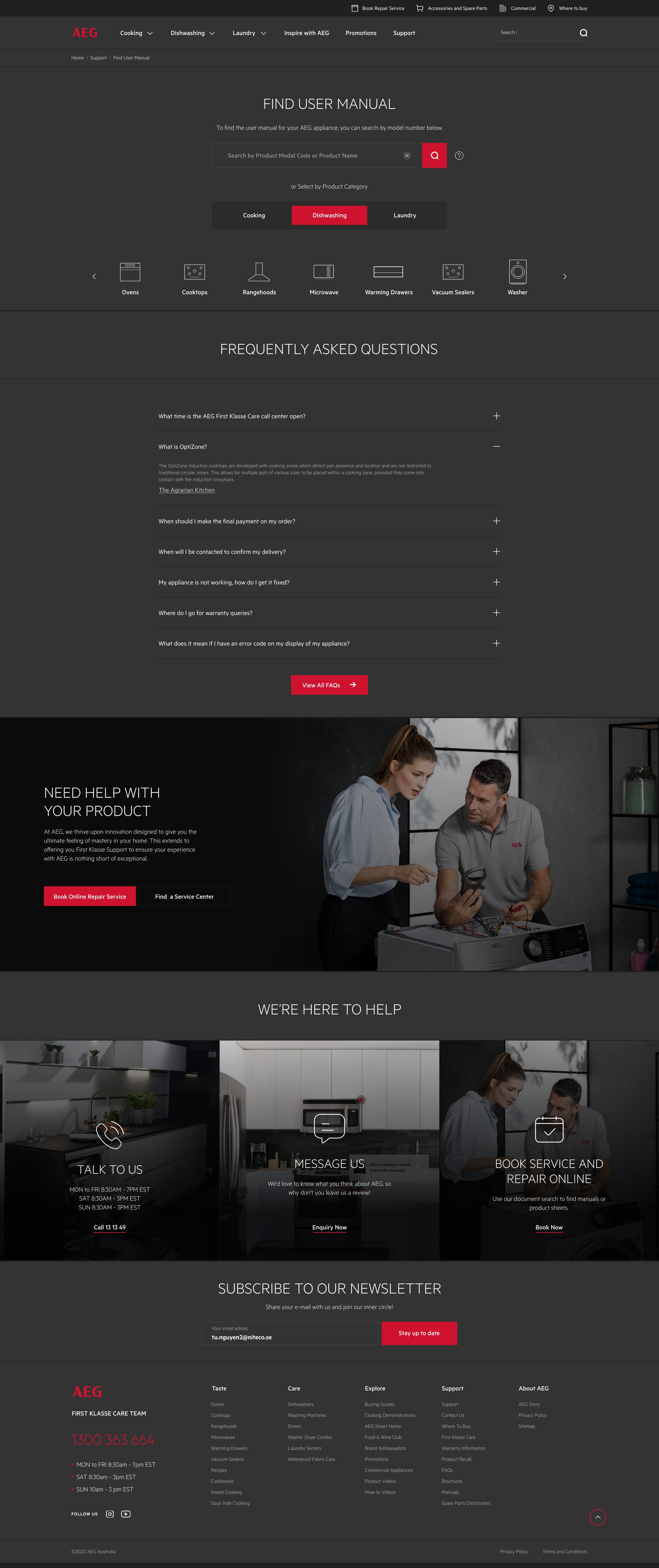 Find User Manual page with a search field, category tabs and product type icons