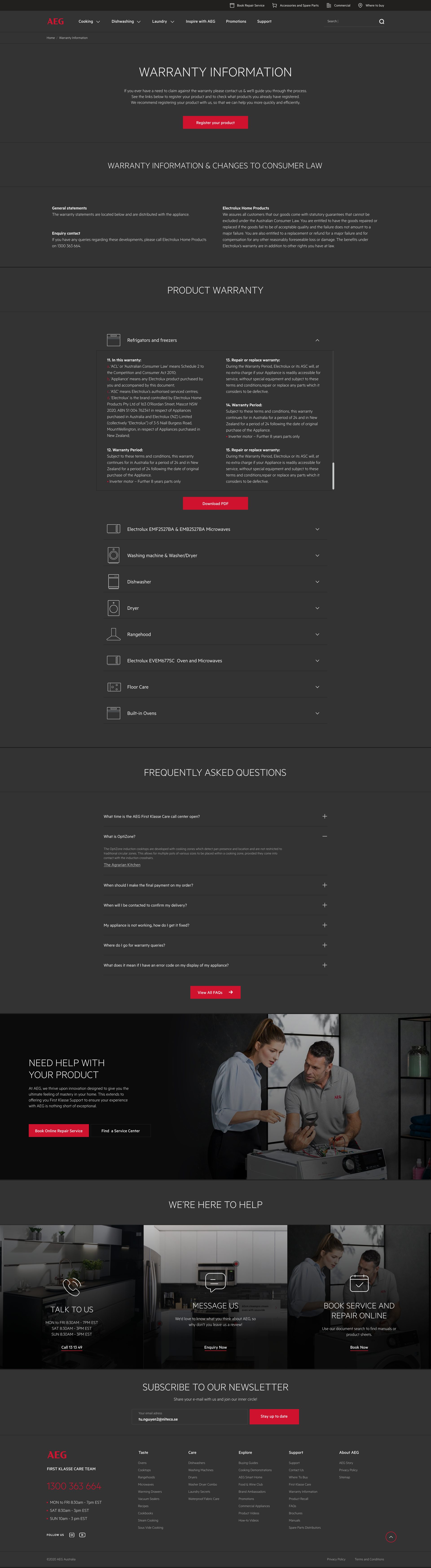 Warranty information page with one appliance group expanded to show terms and a Download PDF button
