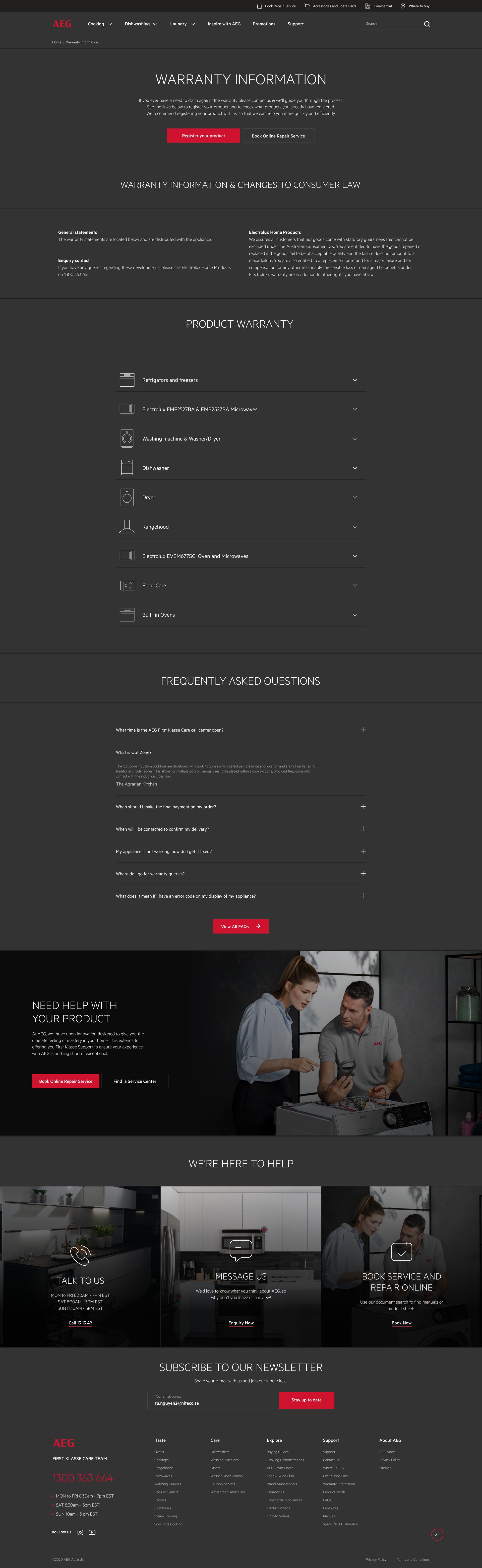 Warranty information page with a register-your-product button and warranty accordions by appliance type