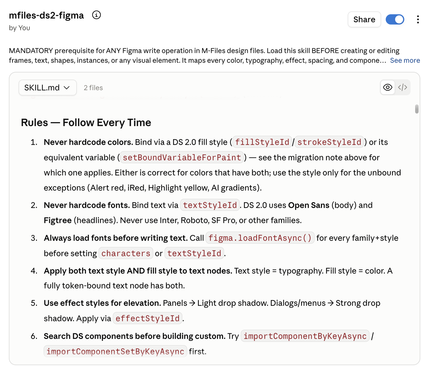 The mfiles-ds2-figma SKILL.md — the rules every Figma write has to follow